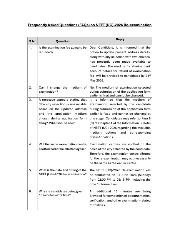 Official NTA FAQ showing NEET UG 2026 re-examination information