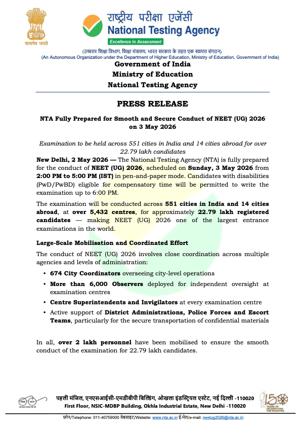 NTA May 2 2026 press release saying it was fully prepared for NEET UG 2026