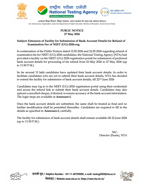 NTA May 27 2026 public notice on NEET UG 2026 fee refund bank details