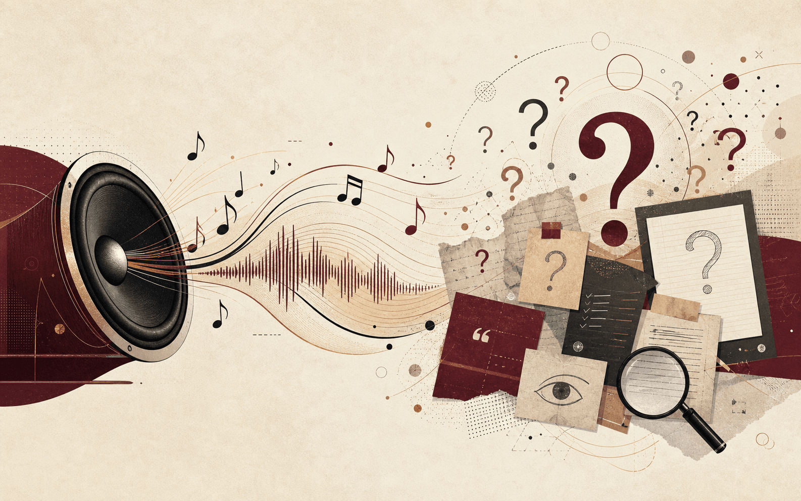 Abstract editorial illustration of sound waves turning into questions and notes
