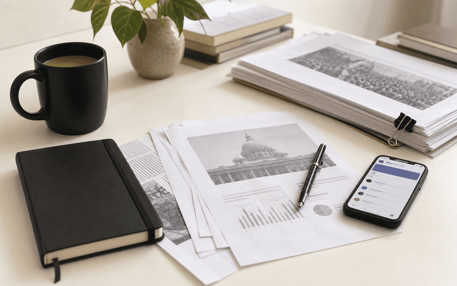 Editorial desk with notes for public issue writing